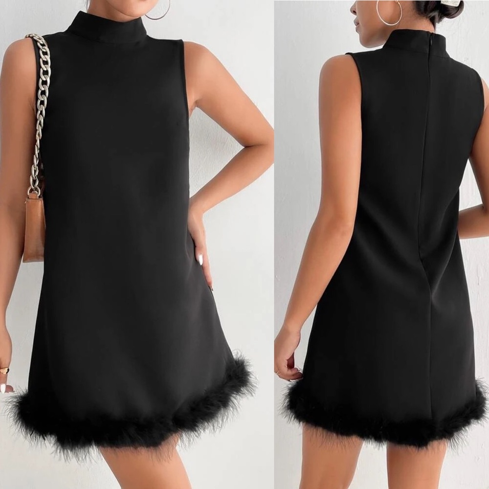 SHEIN Mock Neck Feather Trim Dress Black Size Large (8/10)